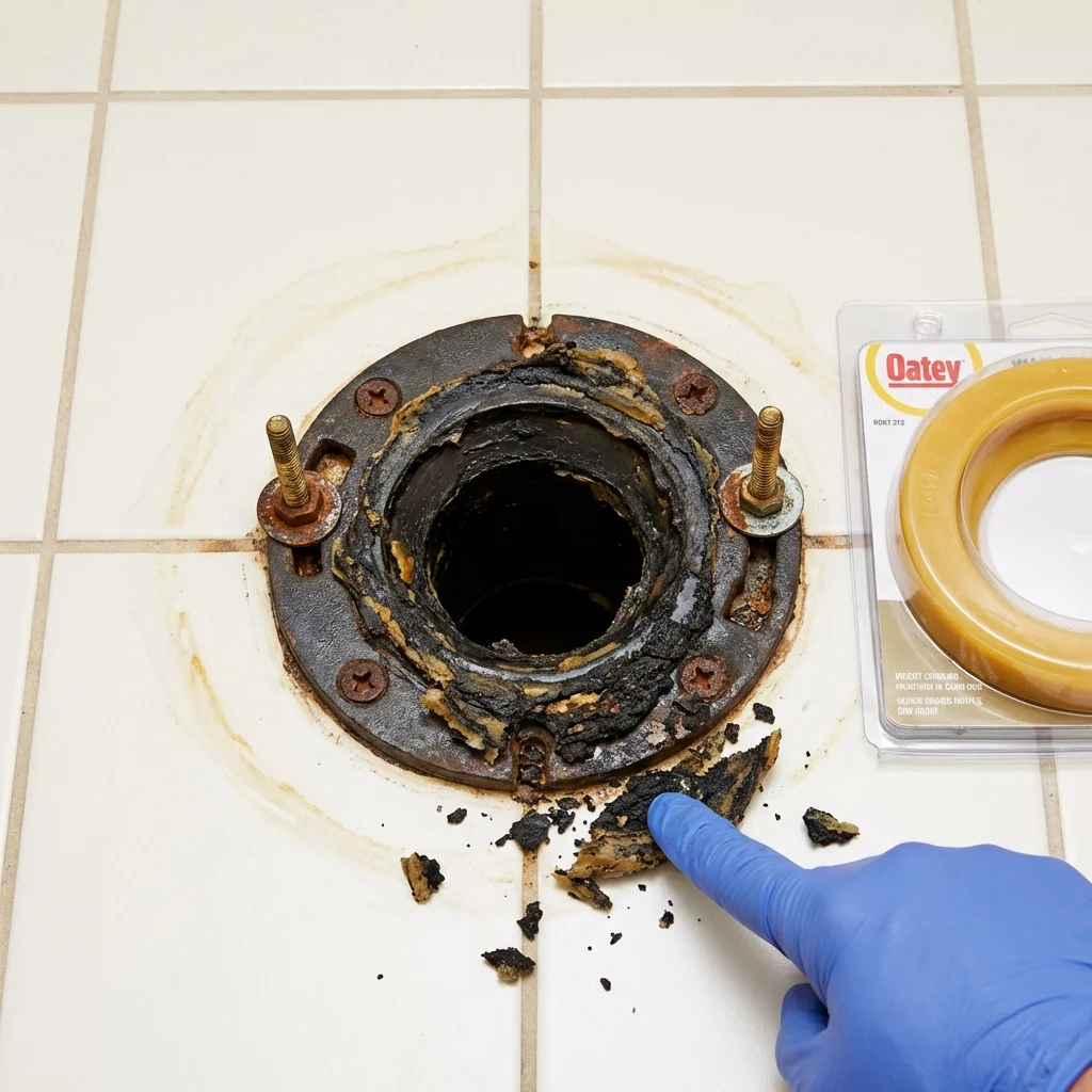 Failed wax ring showing water seepage at the base of a toilet in a Oak Harbor, OH home