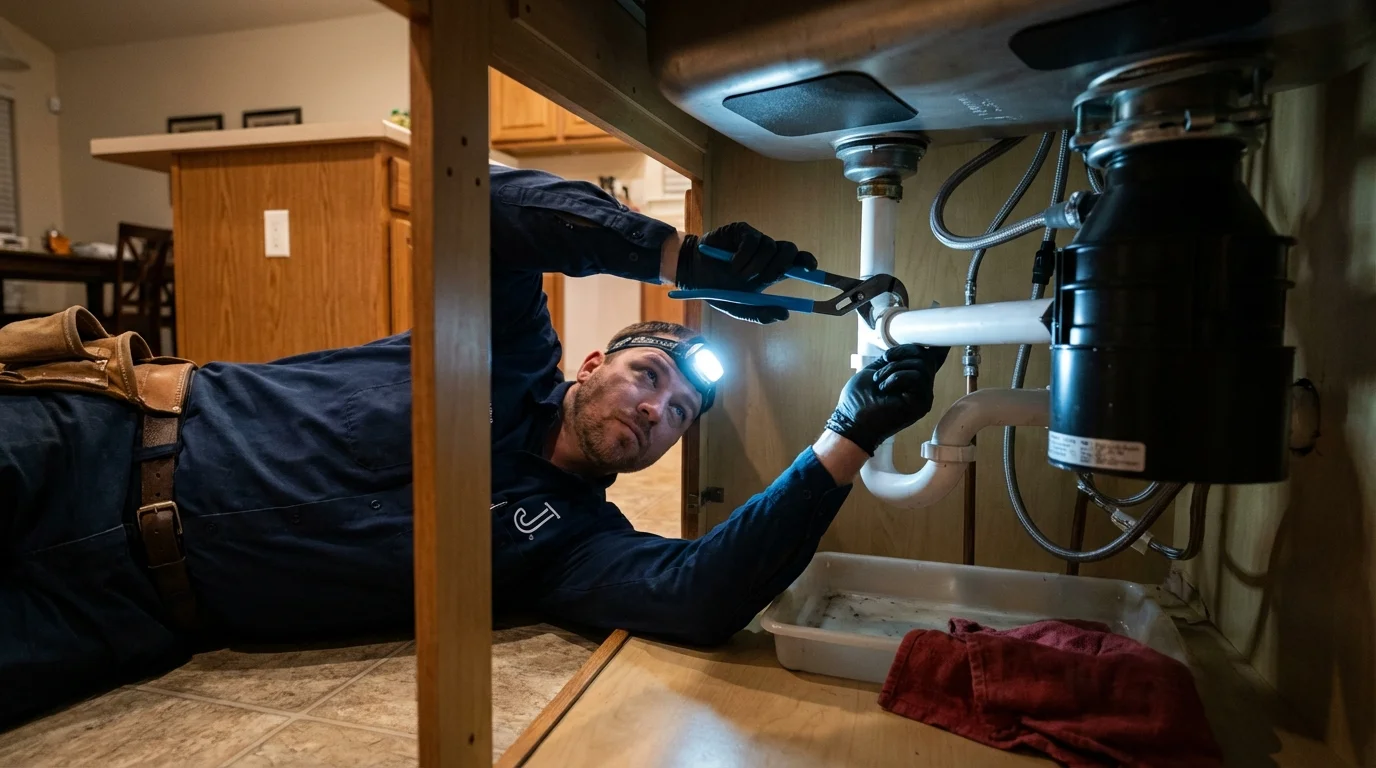P-trap and supply line connections under a kitchen sink showing a common leak point in Oak Harbor, OH